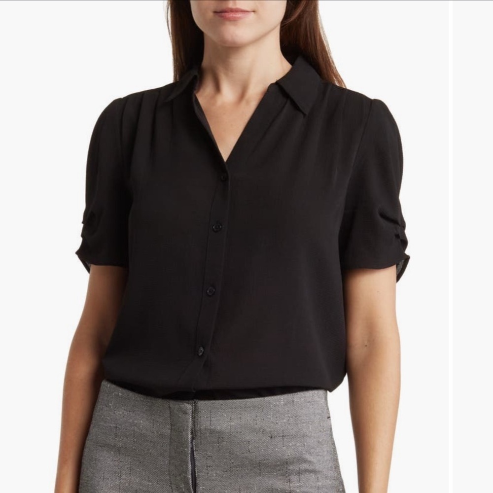 Adrianna Papel Black Blouse Puff Sleeves V Neck Button Up Top Sz Small Work